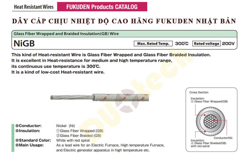 nigb heat resistant wire; fukuden nigb heat resistant wire; nickel heat resistant wire; cáp chịu nhiệt độ nigb fukuden; cáp chịu nhiệt 300 độ C