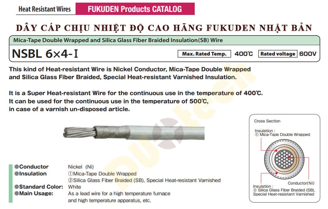 fukuden NSBL 6x4 thermal wires; fukuden nickel conductor cable; cáp chống cháy 400 độ C; super heat resistant wire; nsbl 6x4-i fukuden wire