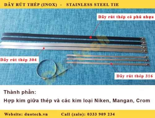 Dây rút Inox thép không gỉ Stainless Steel Tie Dây thít Inox 304 SUS304, 316 SUS316 và phủ nhựa.