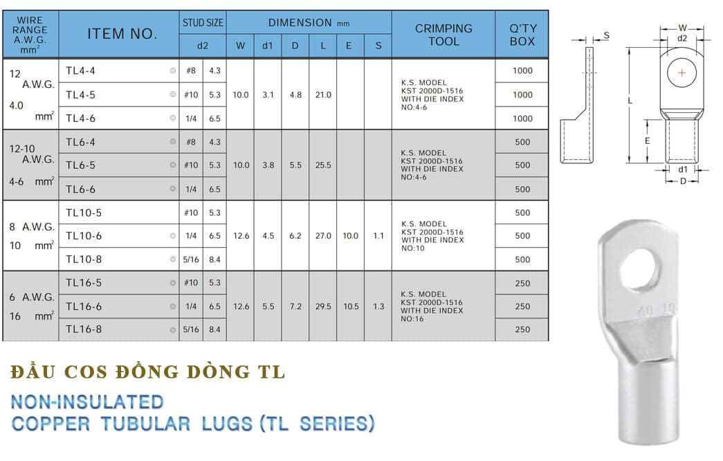 Đầu cosse đồng 10mm TL10-6 Đài Loan cho dây điện 10mm2