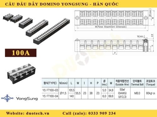 cầu đấu yongsung 100a; cầu đấu dây điện yongsung 100a; domino yongsung 100a 3 cực; domino yongsung 100a 3P;