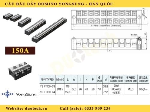 cầu đấu domino yongsung 150a; cầu đấu nối yongsung 150a; domino yongsung 150a 3 cực; domino yongsung 150a 3P;