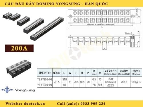 cầu đấu yongsung ys ft200-03-zf; cầu đấu ys ft200-03-zf; cầu đấu dây terminal khối yongsung; cầu đấu dây điện terminal khối;