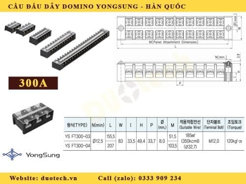 cầu đấu 300a 3 cực; domino yongsung ys ft300-03-zf;