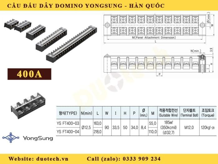 cầu đấu 400a 3 cực; domino yongsung ys ft400-03-zf