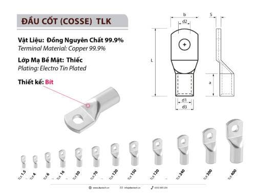 Catalogue thông số bảng giá sản phẩm đầu cos TLK bằng đồng cốt cosse bấm nối dây điện chất lượng Đài Loan KST TLK 1.5 2.5 4 6 10 16 25 35 50 70 95 120 150 185 240 300 400 mm2