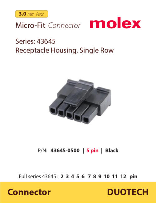 nhà cung cấp ncc đầu nối connector chính hãng molex 43645 0500 5 chân pin; nhà cung ứng ncu đầu nối connector molex 43645 0500 5 chân pin; nhà phân phối npp đầu nối connector molex 43645 0500 5 chân pin; đầu nối molex 436450500; đầu nối connector molex 43645-0500 5 pin; molex 5 pin 436450500; molex 5 pin 43645-0500; molex 43645 0500; đầu nối molex 43645-0500; housing molex 436450500; housing molex 43645-0500; connector molex 436450500; connector molex 43645-0500; đơn vị phân phối đầu nối connector molex 43645 0500 5 chân pin; supplier distributor đầu nối connector molex 43645 0500 5 chân pin; agency vendor list đầu nối connector molex 43645 0500 5 chân pin;