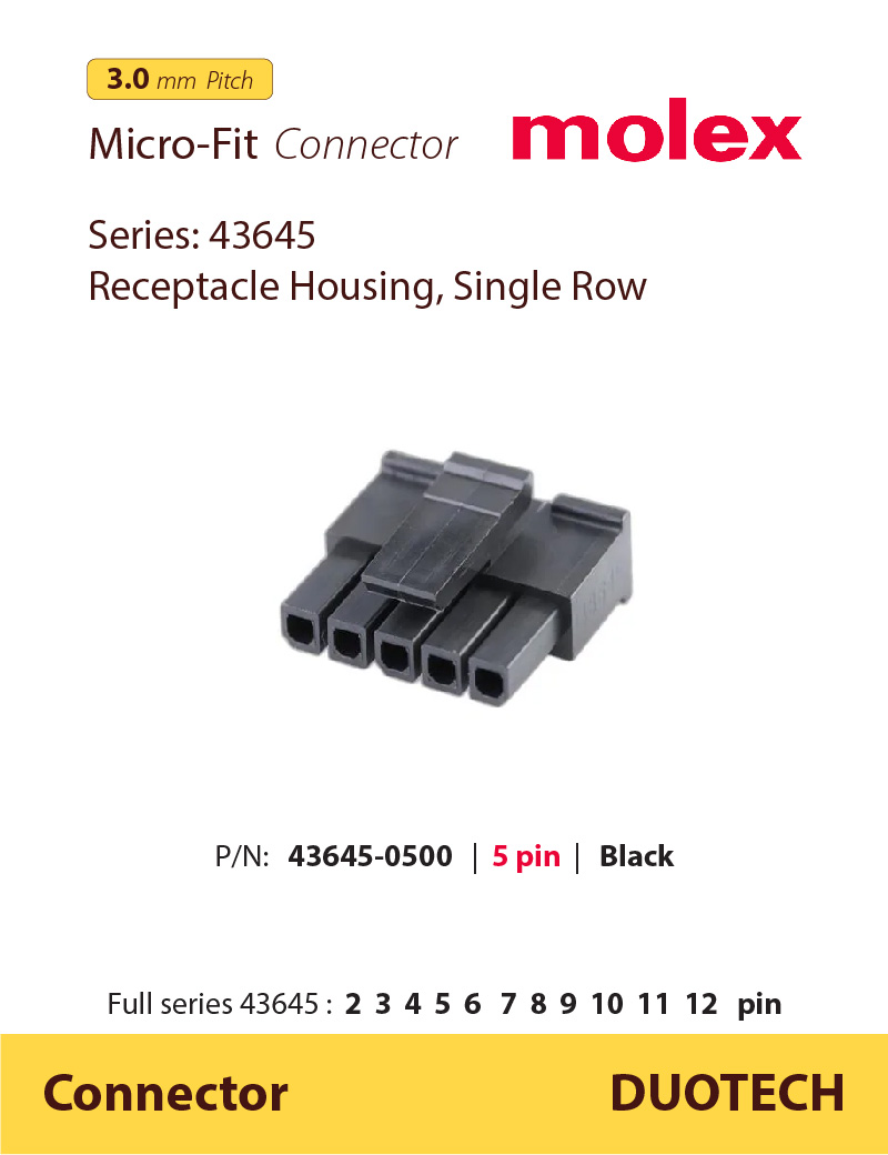nhà cung cấp ncc đầu nối connector chính hãng molex 43645 0500 5 chân pin; nhà cung ứng ncu đầu nối connector molex 43645 0500 5 chân pin; nhà phân phối npp đầu nối connector molex 43645 0500 5 chân pin; đầu nối molex 436450500; đầu nối connector molex 43645-0500 5 pin; molex 5 pin 436450500; molex 5 pin 43645-0500; molex 43645 0500; đầu nối molex 43645-0500; housing molex 436450500; housing molex 43645-0500; connector molex 436450500; connector molex 43645-0500; đơn vị phân phối đầu nối connector molex 43645 0500 5 chân pin; supplier distributor đầu nối connector molex 43645 0500 5 chân pin; agency vendor list đầu nối connector molex 43645 0500 5 chân pin;