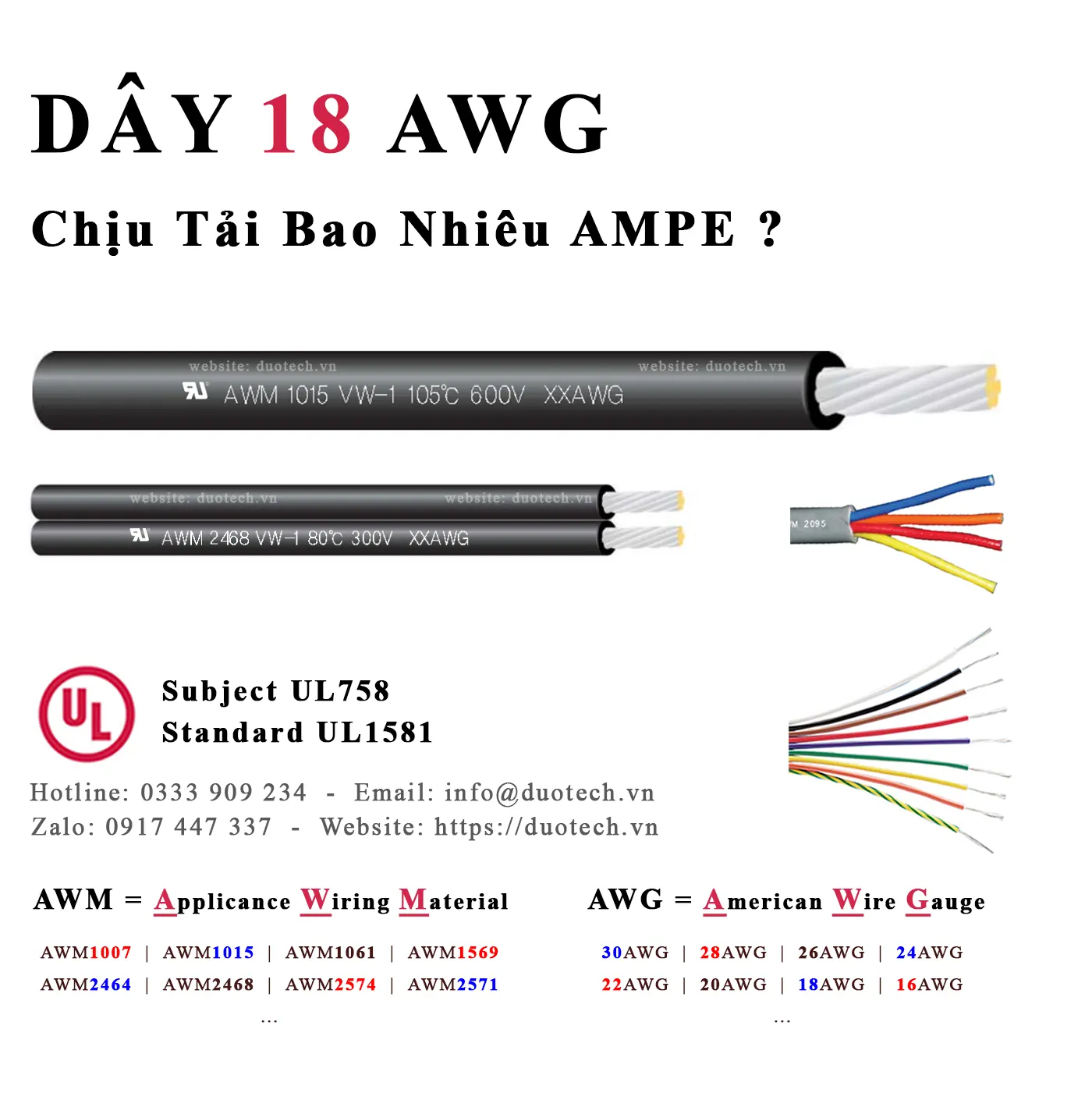 thông số dây cáp điện 18 awg tiêu chuẩn ul awm 1007 1015 1569 1061 3239 1332 2464 1283 1284 tiết diện 0.81mm2 chịu tải bao nhiêu ampe