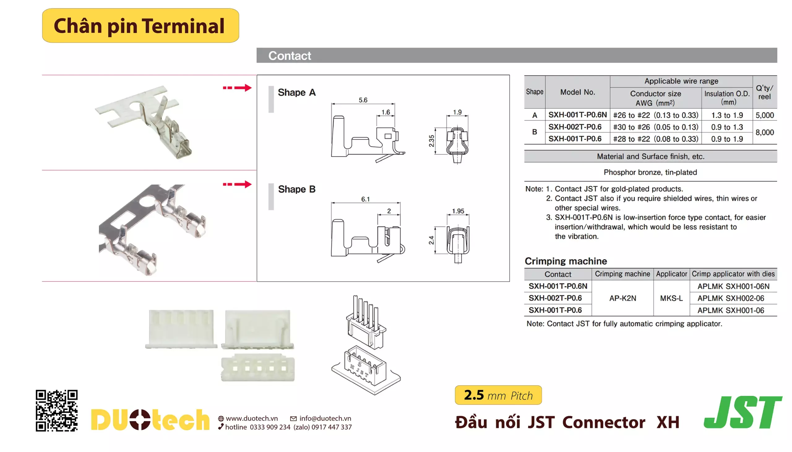 duotech là nhà cung ứng ncu phân phối npp vật tư linh kiện điện tử nhãn hiệu jst connector terminal cho nhà máy sản xuất gia công bộ dây điện wire harness trong khu công nghiệp chế xuất kcn kcx ở tại hà nội quảng ninh hải dương hải phòng đầu giắc jack nối dây điện 2.5mm pitch wire to board connector jst xhp-11 xhp-12 xhp-14 xhp-14 xhp-15 xhp-16 xhp-17 xhp-18 xhp-19 xhp-20 plug housing , single row - 1 hàng , terminals female sxh-001t-p0.6n sxh-002t-p0.6 sxh-001t-p0.6
