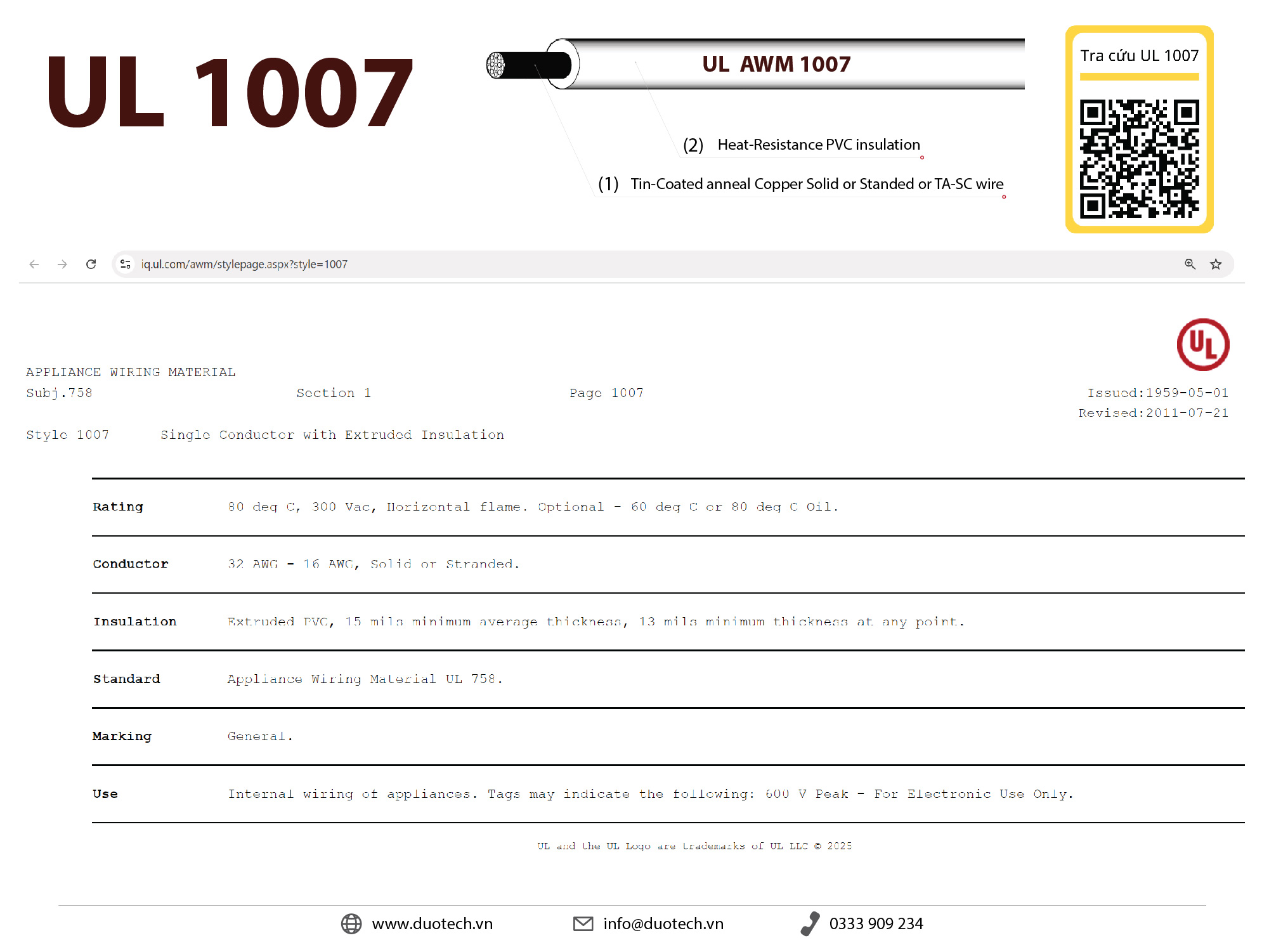 day cap dien tieu chuan my cul csa ul awm 1007 28awg 26awg 24awg 22awg 20awg 18awg duotech.vn