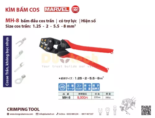 Bạn cần tìm công cụ dụng cụ bấm đầu cos trần loại tròn, chữ y, pin đặc, lưỡi dẹt nên dùng kìm bấm cos Marvel MH 8 chính hãng thương hiệu đến từ Nhật Bản mã hàng: Marvel MH-8 bấm size: 1.25, 2.0, 5.5, 8mm2