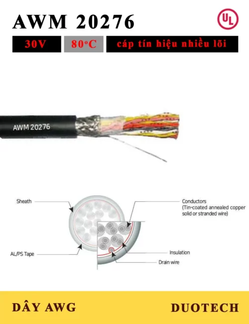 DUOTECH là đại lý nhà cung ứng cấp 1 đơn vị phân phối chính hãng thương nhãn hiệu Myung bo vina AWM20276 UL20276 Dây cáp điện tín hiệu nhiễu 2 lõi, 3 lõi, 4 lõi, 5 lõi, 10 lõi, 15 lõi cỡ dây AWM UL 20276 26awg 24awg 22awg 20awg 30V 80C; dây điện ul 20276; dây cáp điện awg awm 20276; dây điện ul20276 80C 30V; dây điện awm20276 80C 30V; dây cáp ul20276 80C 30V; dây cáp awm20276 80C 30V; dây điện awg ul20276; dây cáp điện awg ul20276; cáp nhiều lõi awm ul 20276; cáp điện nhiều lõi awm ul 20276;