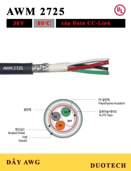 DUOTECH là đại lý nhà cung ứng cấp 1 đơn vị phân phối chính hãng thương nhãn hiệu Myung bo vina AWM2725 UL2725 cc-link Dây cáp điện tín hiệu data 4 lõi cỡ dây AWM UL 2725 28awg 26awg 24awg 22awg 20awg 30V 80C; dây điện ul 2725; dây cáp điện awg awm 2725; dây điện ul2725 80C 30V; dây điện awm2725 80C 30V; dây cáp cc-link ul2725; dây cáp cc-link awm2725; dây điện awg ul2725; dây cáp điện awg ul2725; cáp data nhiều lõi awm ul 2725; cáp điện data nhiều lõi awm ul 2725;