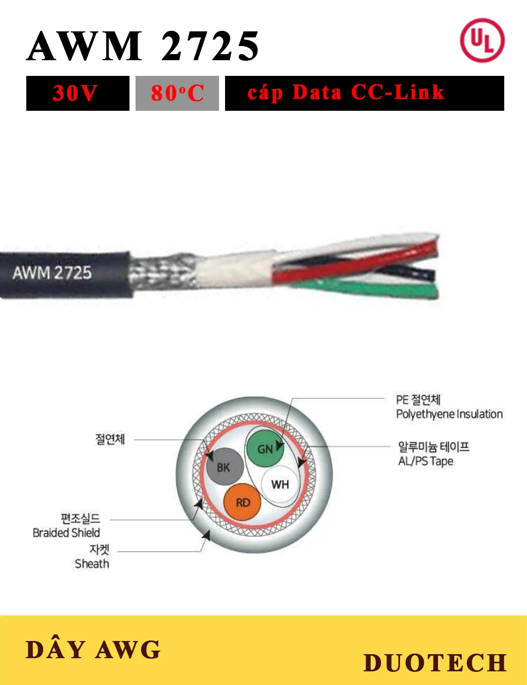 DUOTECH là đại lý nhà cung ứng cấp 1 đơn vị phân phối chính hãng thương nhãn hiệu Myung bo vina AWM2725 UL2725 cc-link Dây cáp điện tín hiệu data 4 lõi cỡ dây AWM UL 2725 28awg 26awg 24awg 22awg 20awg 30V 80C; dây điện ul 2725; dây cáp điện awg awm 2725; dây điện ul2725 80C 30V; dây điện awm2725 80C 30V; dây cáp cc-link ul2725; dây cáp cc-link awm2725; dây điện awg ul2725; dây cáp điện awg ul2725; cáp data nhiều lõi awm ul 2725; cáp điện data nhiều lõi awm ul 2725;